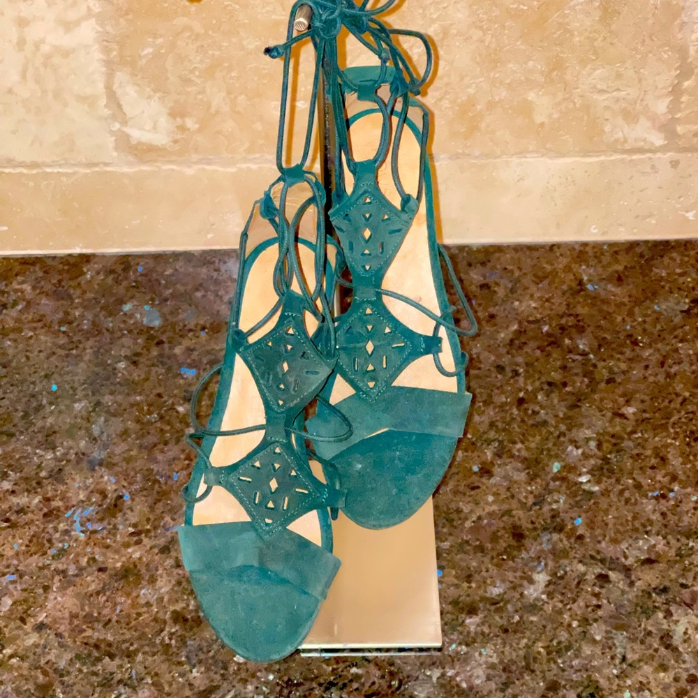 Anthropologie,Howsty green suede lace up sandals